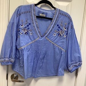 Cupid SZ M Blue Embroidered Pleated Boho Vneck Top Blouse 100% Cotton